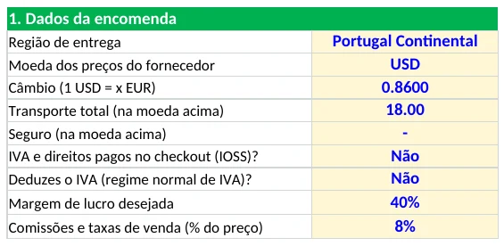 Células amarelas da planilha onde se escrevem os dados da encomenda